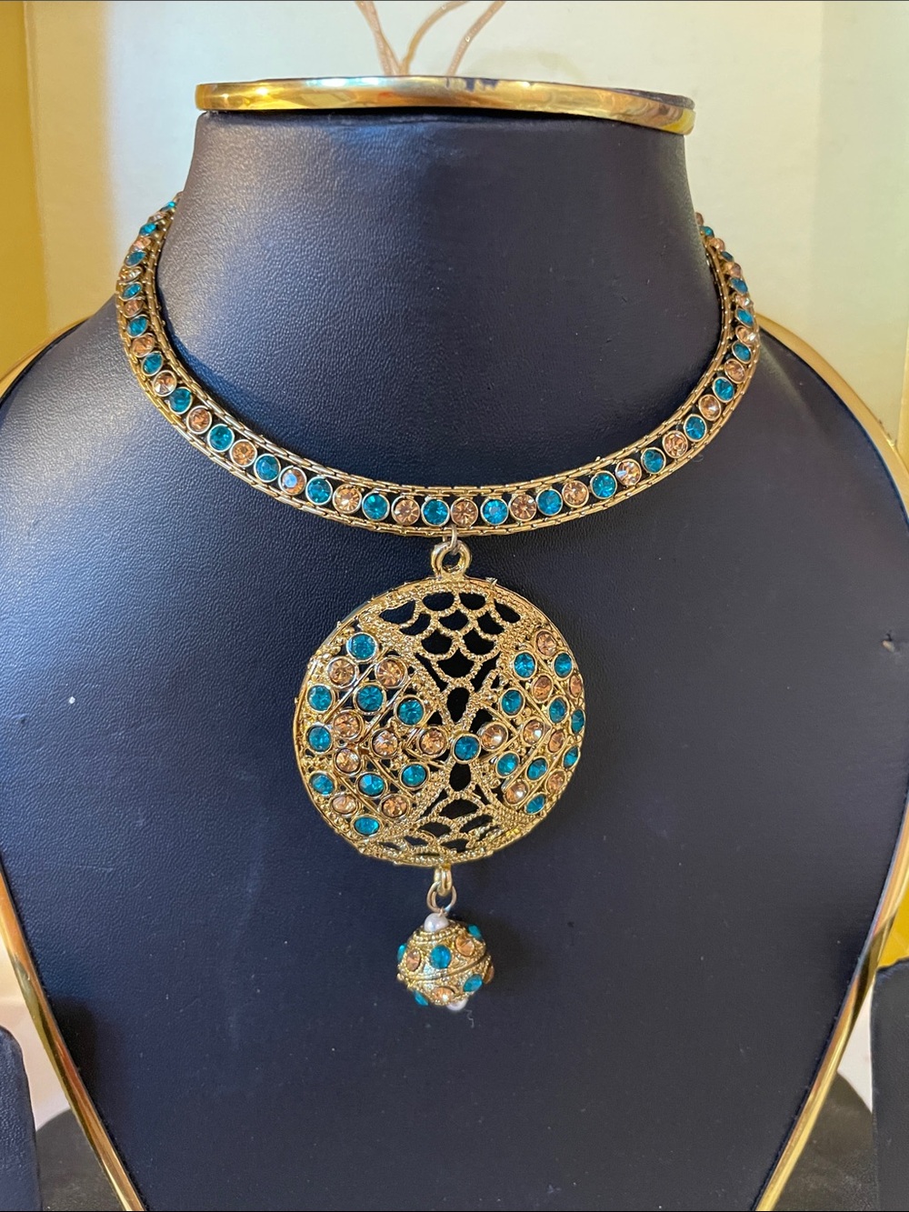 Gold-Tone Filigree Pendant Choker Necklace with Turquoise Stones